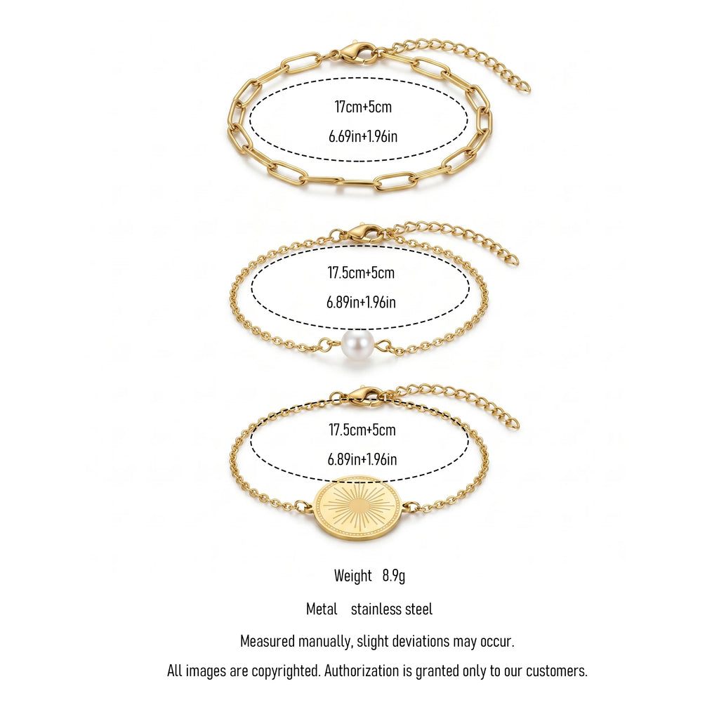QIAOREN 11530 18K Gold Plated 3Pcs Sunburst Coin Pearl Paperclip Bracelet Set Stainless Steel Tarnish Free