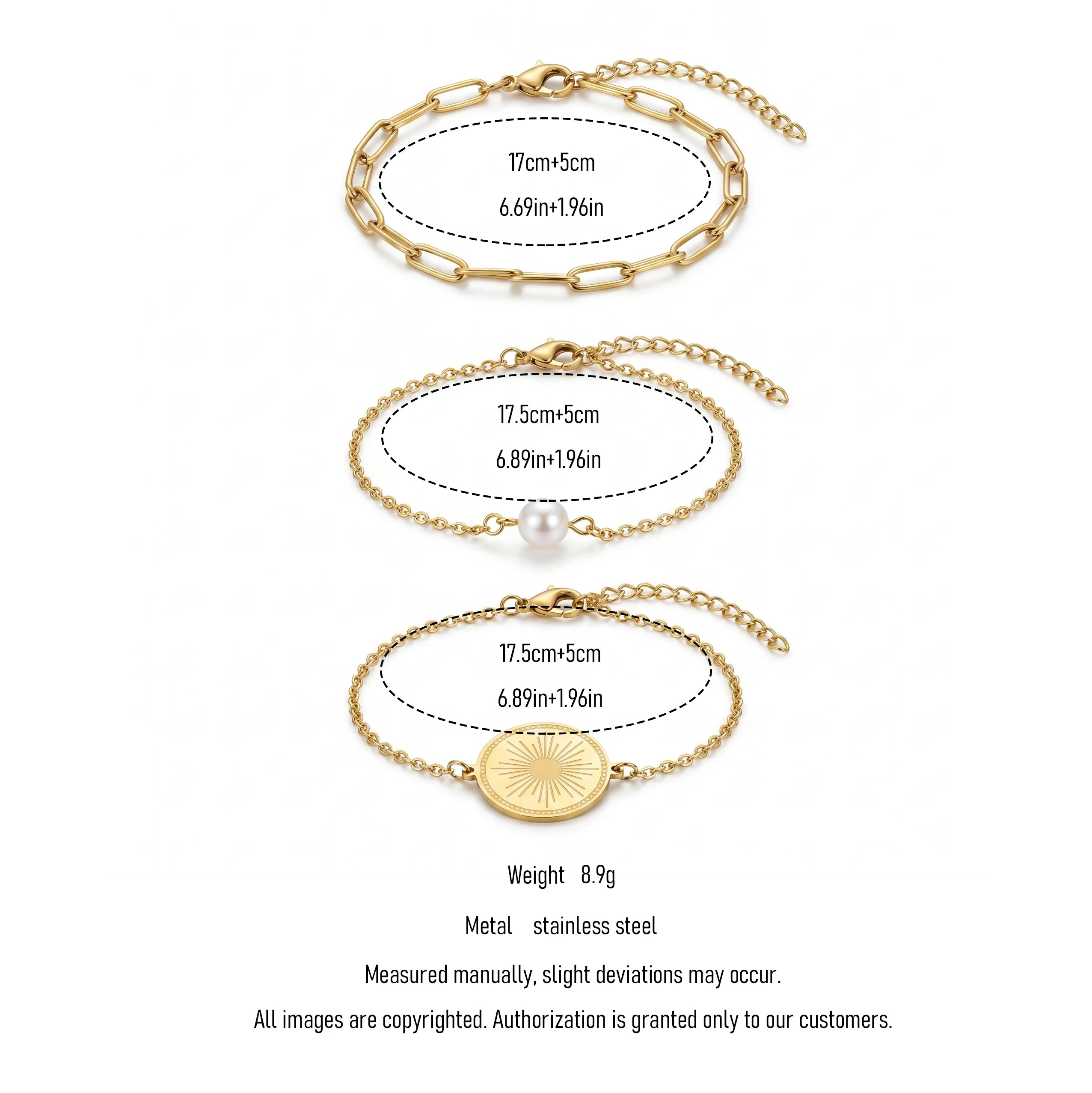 QIAOREN 11530 18K Gold Plated 3Pcs Sunburst Coin Pearl Paperclip Bracelet Set Stainless Steel Tarnish Free