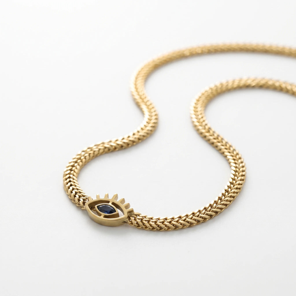 QIAOREN 13981 Thick Wheat Weave Chain Pendant Necklace with Unique Charm Inlaid Marquise Cut Blue CZ