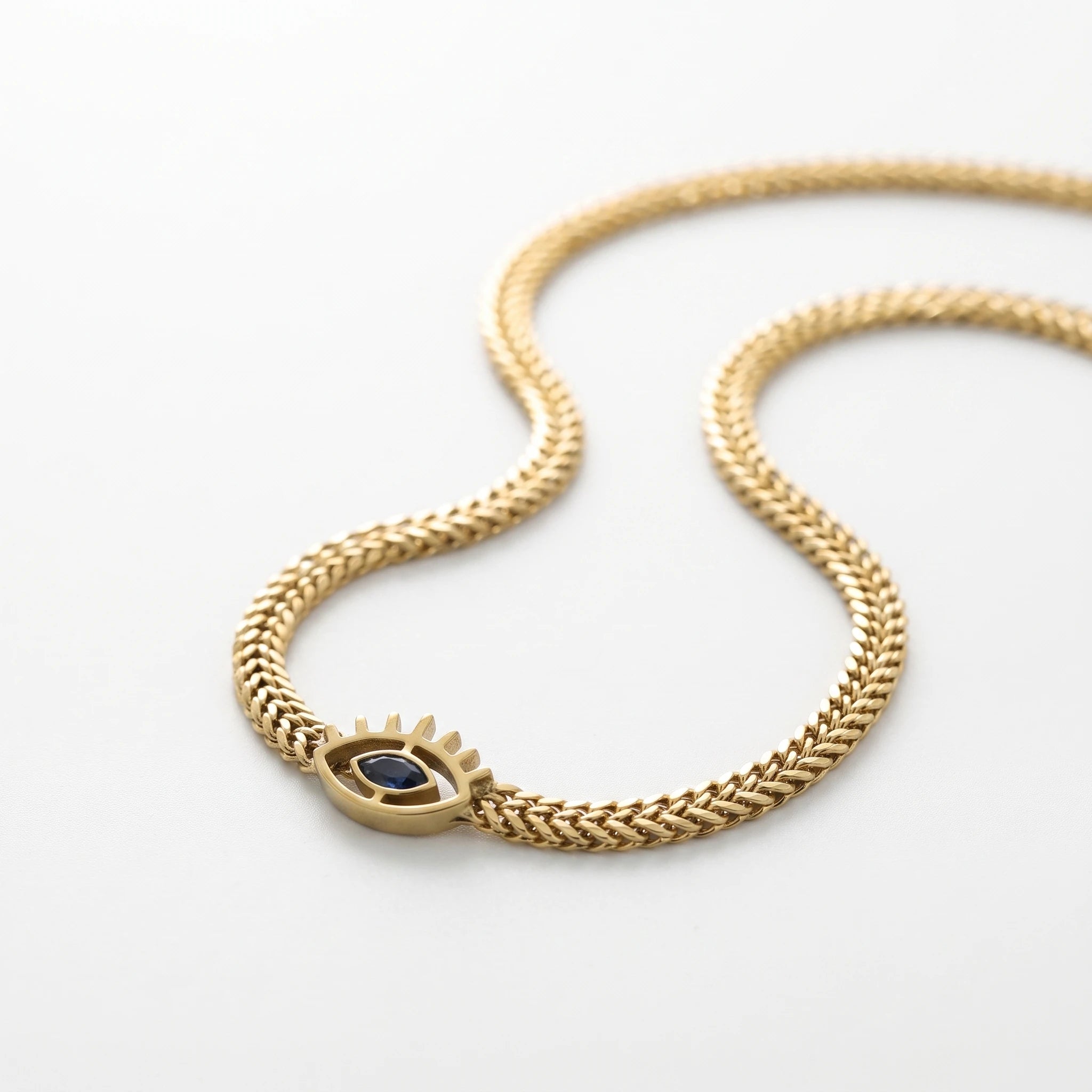 QIAOREN 13981 Thick Wheat Weave Chain Pendant Necklace with Unique Charm Inlaid Marquise Cut Blue CZ