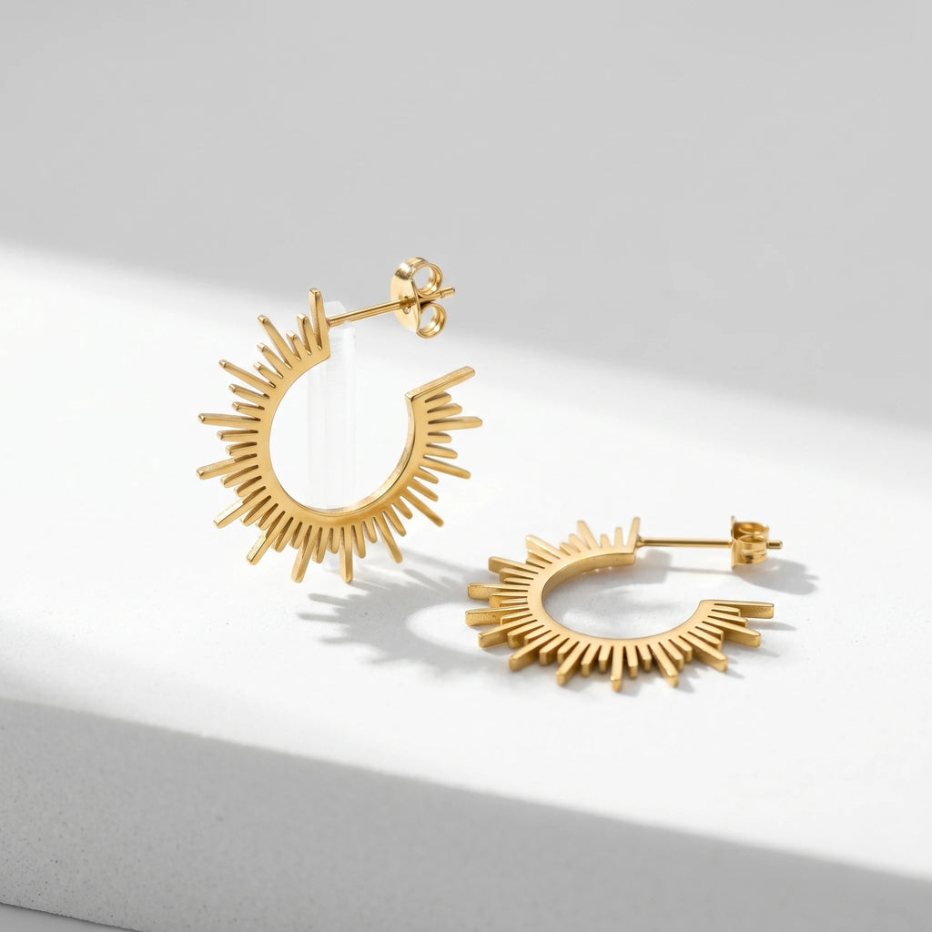 QIAOREN 10837 Adjustable Stainless Steel Sunburst Earrings Gold Plated Minimalist Boho Design