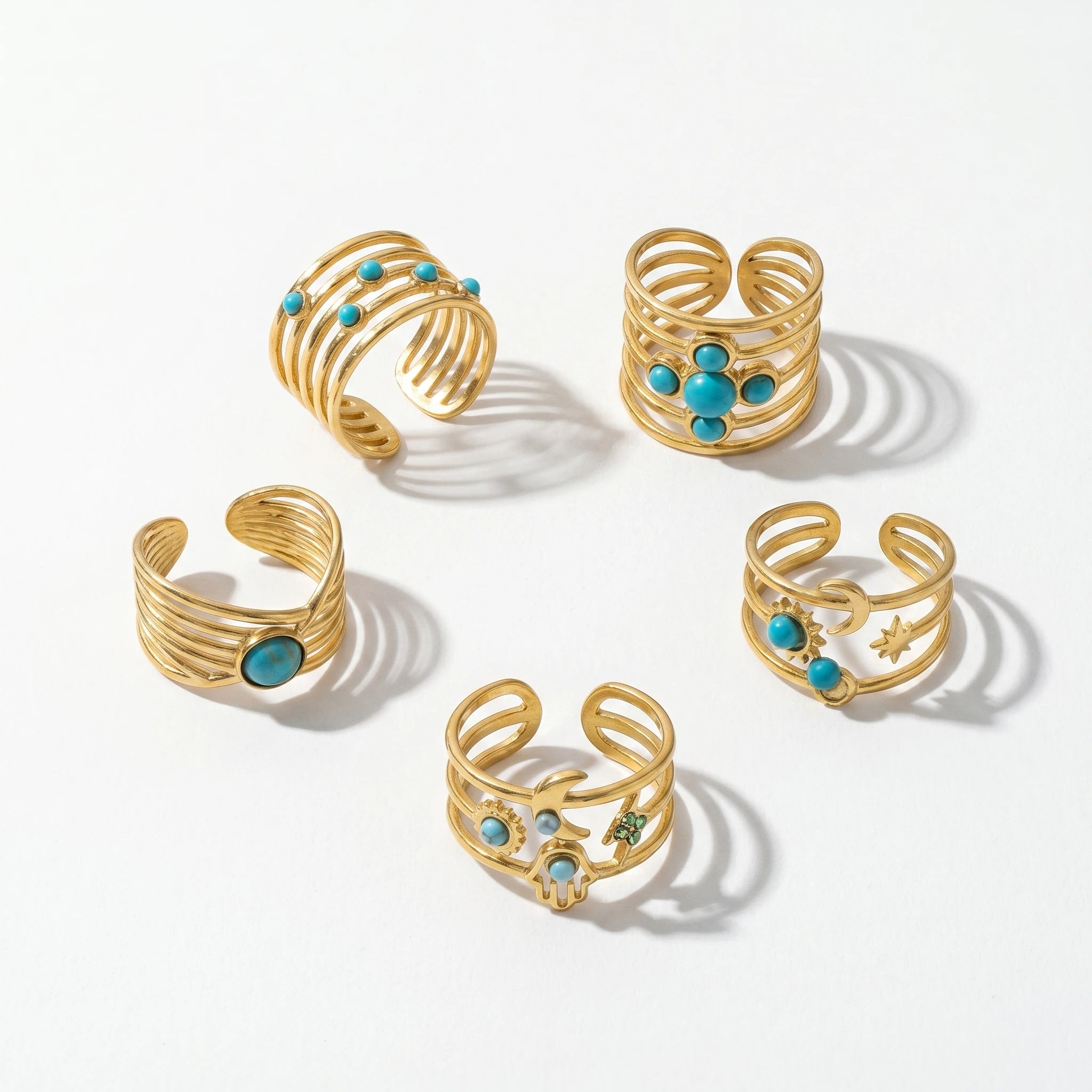 QIAOREN 5Pcs Gold Stainless Steel Turquoise Open Ring Set Irregular Hammered Crown Adjustable Boho Stackable Rings