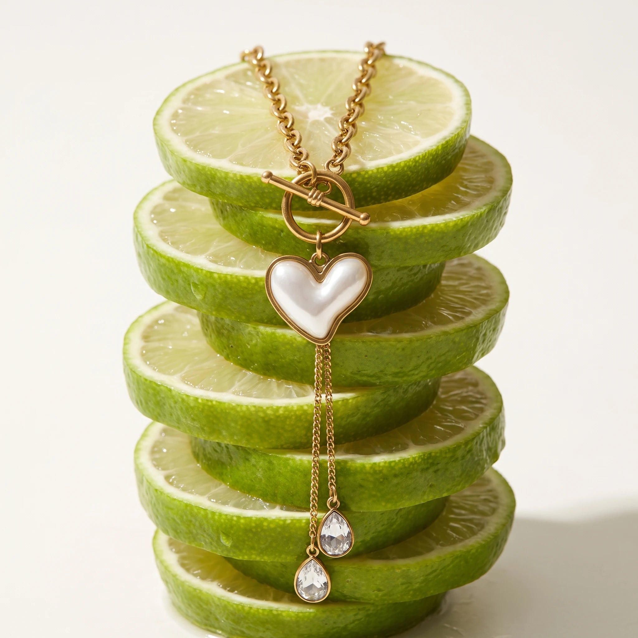 QIAOREN 14419 Heart Shell OT Toggle Tassel Necklace With Teardrop CZ, Stainless Steel Chain Necklace Jewelry Gift