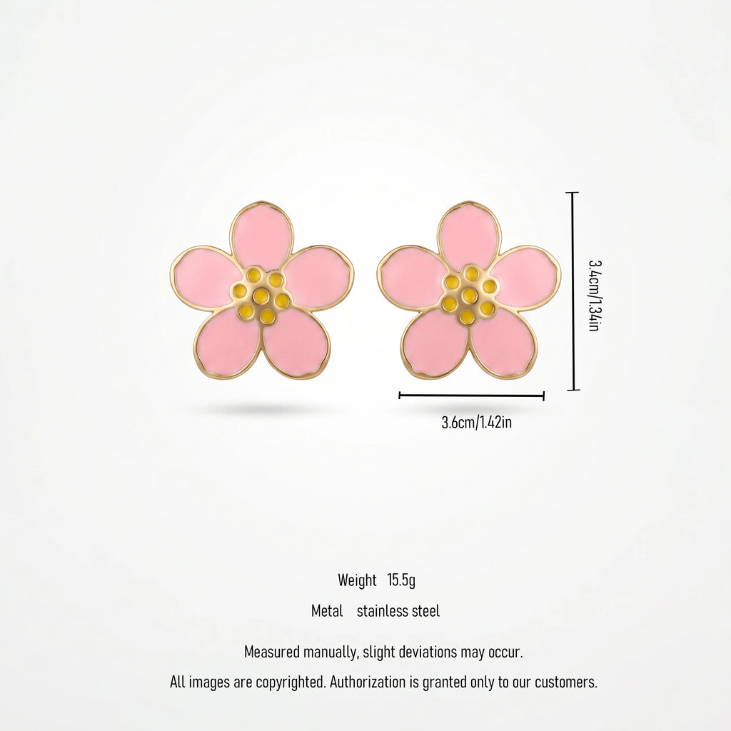 QIAOREN 7782 Gold Tone Pink Enamel Five Petal Flower Stud Earrings Yellow Dot Stamen Floral Pin Studs Sweet Fresh Girly Style