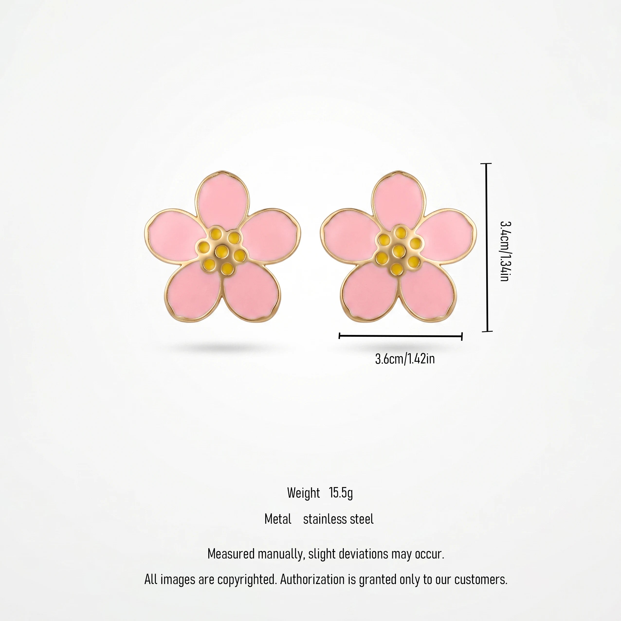 QIAOREN 7782 Gold Tone Pink Enamel Five Petal Flower Stud Earrings Yellow Dot Stamen Floral Pin Studs Sweet Fresh Girly Style