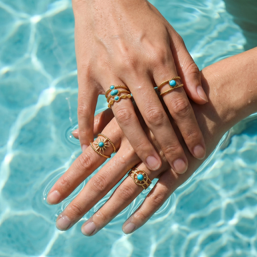 QIAOREN 13171-75 5Pcs Gold Stainless Steel Turquoise Open Ring Set Irregular Hammered Crown Adjustable Boho Stackable Rings