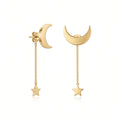 QIAOREN 10839 Dainty Moon Star Chain Drop Earrings Stainless Steel Gold Plated for Daily Wear