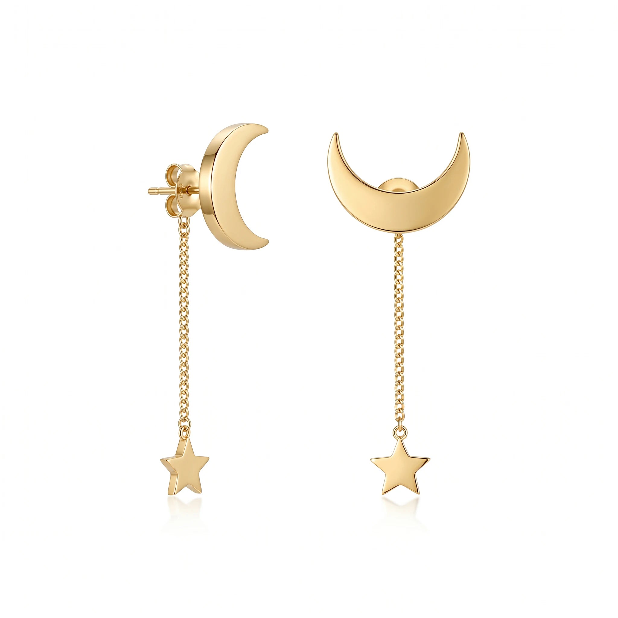QIAOREN 10839 Dainty Moon Star Chain Drop Earrings Stainless Steel Gold Plated for Daily Wear