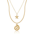 QIAOREN 11511 Stainless Steel Double Layer Necklace Starfish Conch Pendant Box Chain Adjustable Gold Beach Jewelry for Women