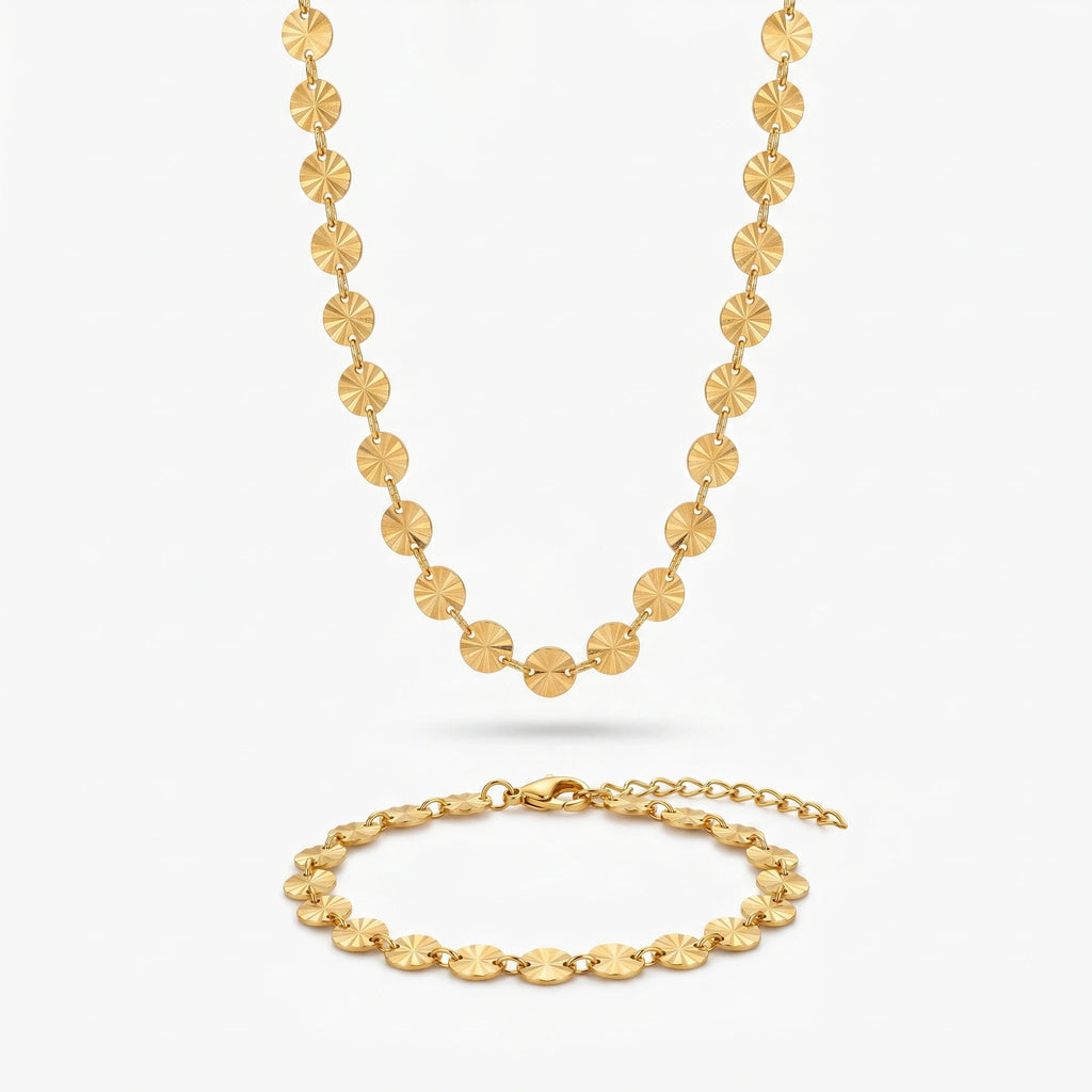 QIAOREN 10790 Trendy 18K Gold Plated Geometric Disc Chain Stainless Steel Adjustable Necklace Bracelet Set Fashion Jewelry
