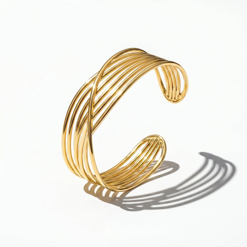 QIAOREN 12673Abstract Overlapping Curved Wire Wide Cuff Bangle Hypoallergenic Stainless Steel Gold Bracelet Party Birthday Gift