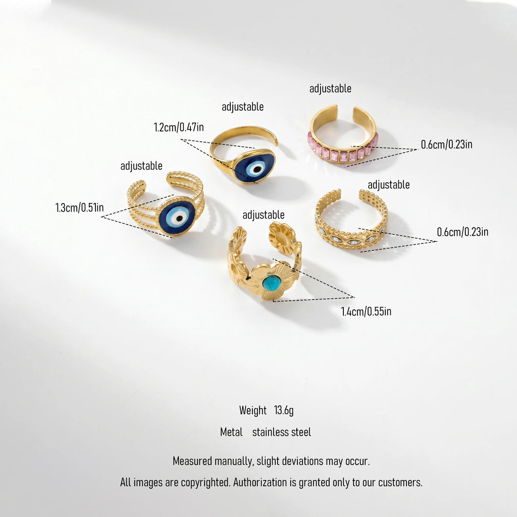 QIAOREN Stainless Steel Adjustable Stackable Ring Set Gold Plated Colorful Enamel Fashion Open Rings for Women