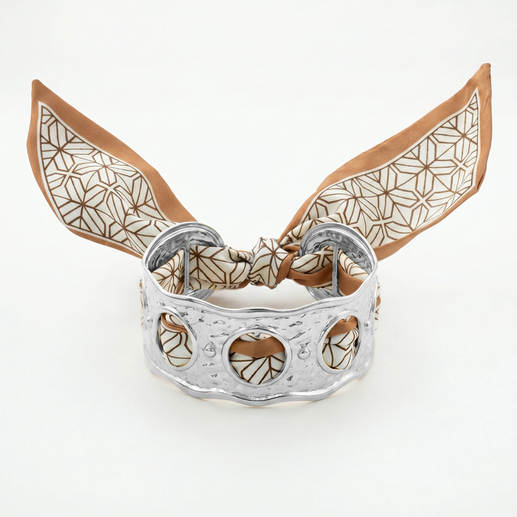 QIAOREN 10999 Luxury Hollow Wide Cuff Bracelet Stainless Steel Silk Ribbon Wrap Bangle for Women Summer Vacation Style
