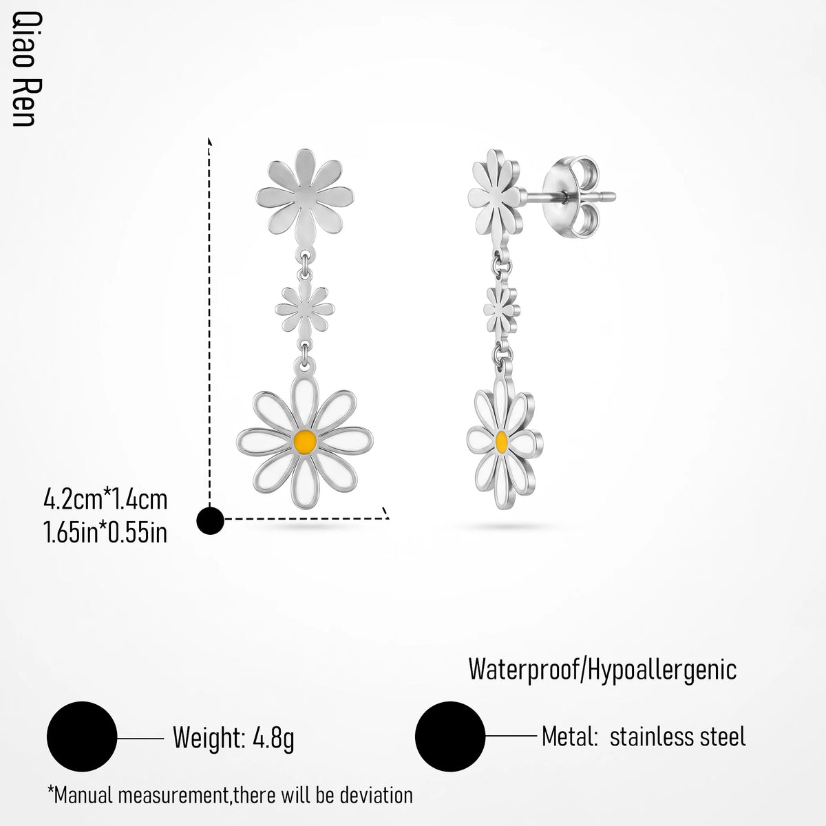 QIAOREN 14547 Triple Daisy Enamel Drop Stud Earrings, Gold Floral Dangle Earrings with White Yellow Enamel Jewelry