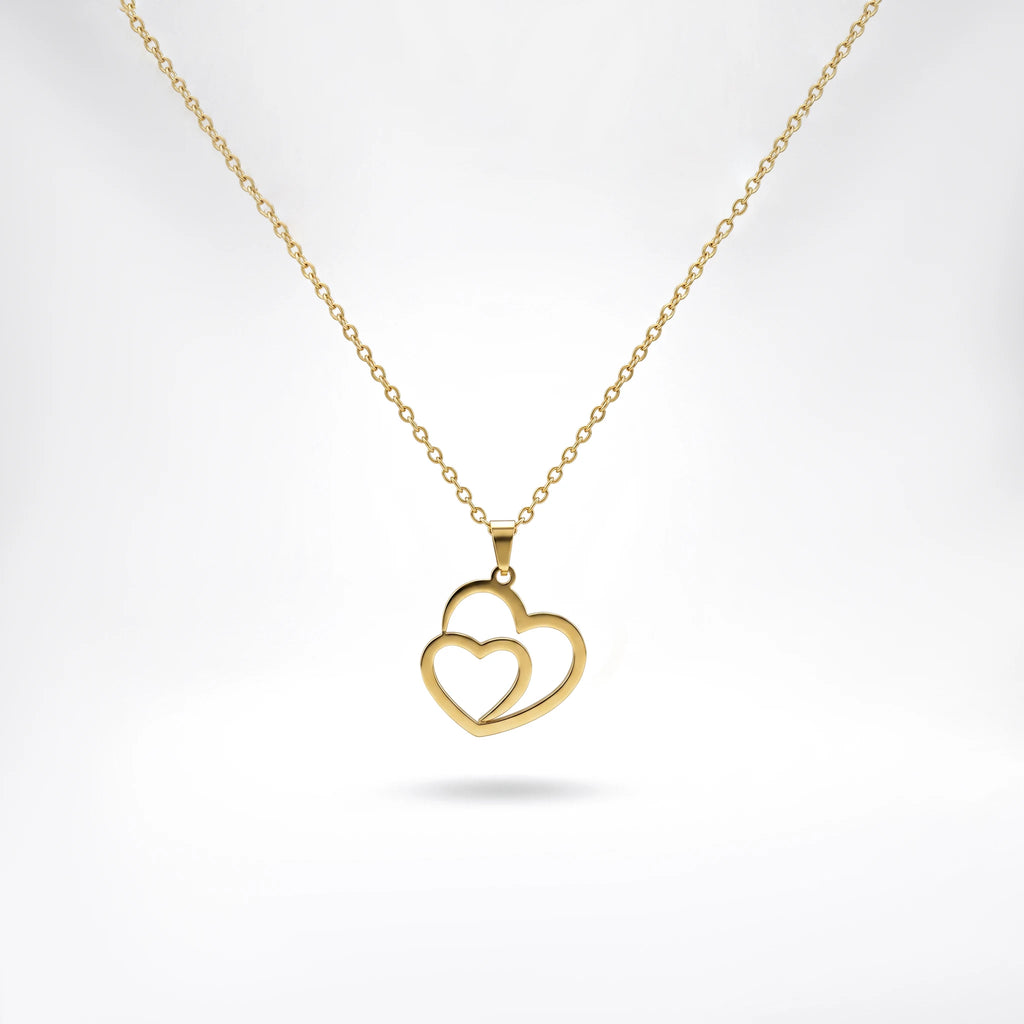 QIAOREN 12876 18K Gold Plated Double Heart Necklace, Waterproof Tarnish Free Stainless Steel Minimalist Interlocking Jewelry