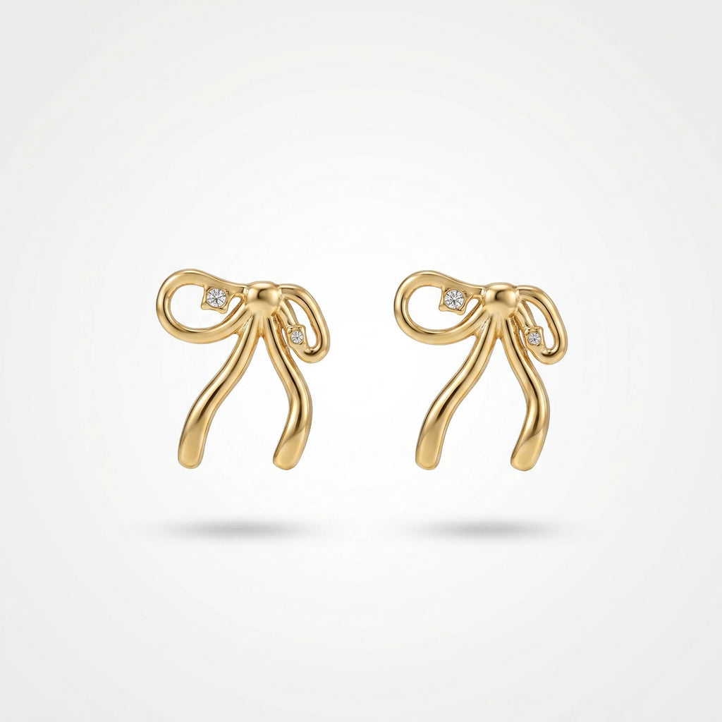 QIAOREN 12268 Trendy Coquette Ribbon Bow Earrings 18K Gold Plated Stainless Steel CZ Studs Balletcore Jewelry Women Party US EU