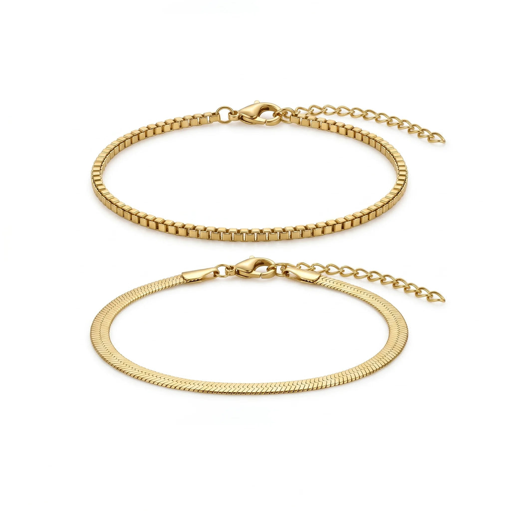 QIAOREN 11534 Minimalist Herringbone Box Chain Anklet Set 18K Gold Plated Beach Vacation Foot Jewelry
