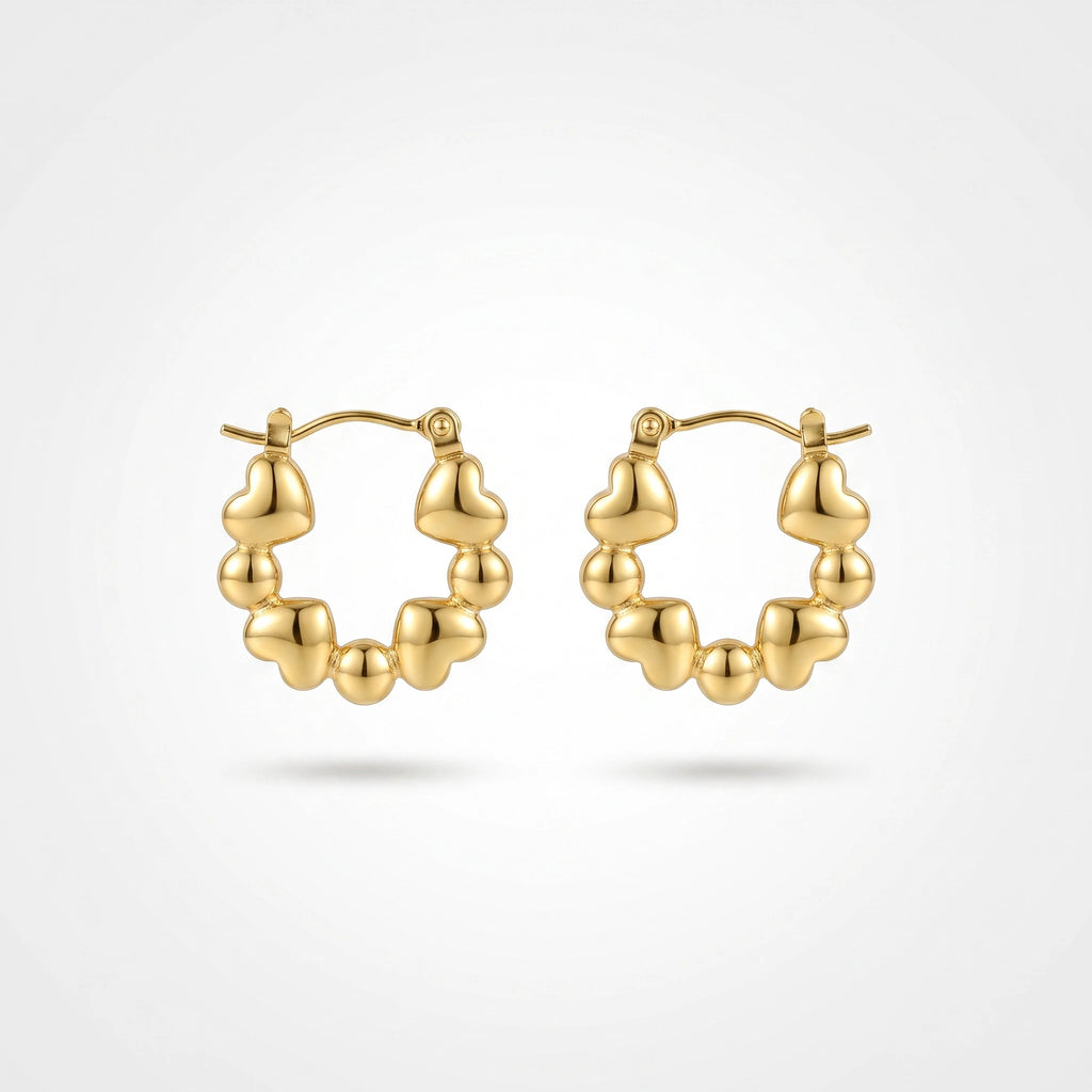 QIAOREN 13265 Gold Tone Heart Bead Wreath Circle Stud Earrings Polished Puffy Love & Ball Combo Click Back Studs Romantic Sweet