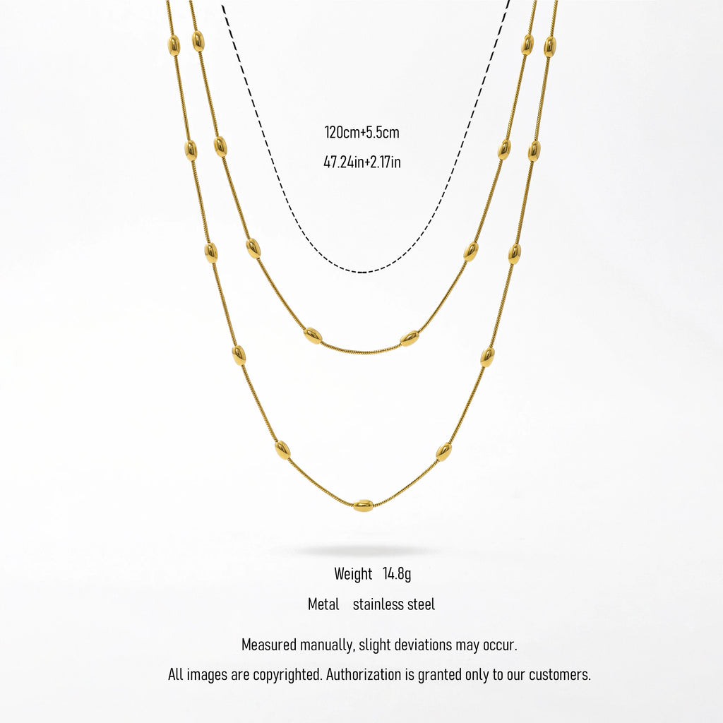 QIAOREN 13568 Gold Stainless Steel Layered Long Chain Necklace with Beaded Station Design Minimalist Fashion Jewelry for Women
