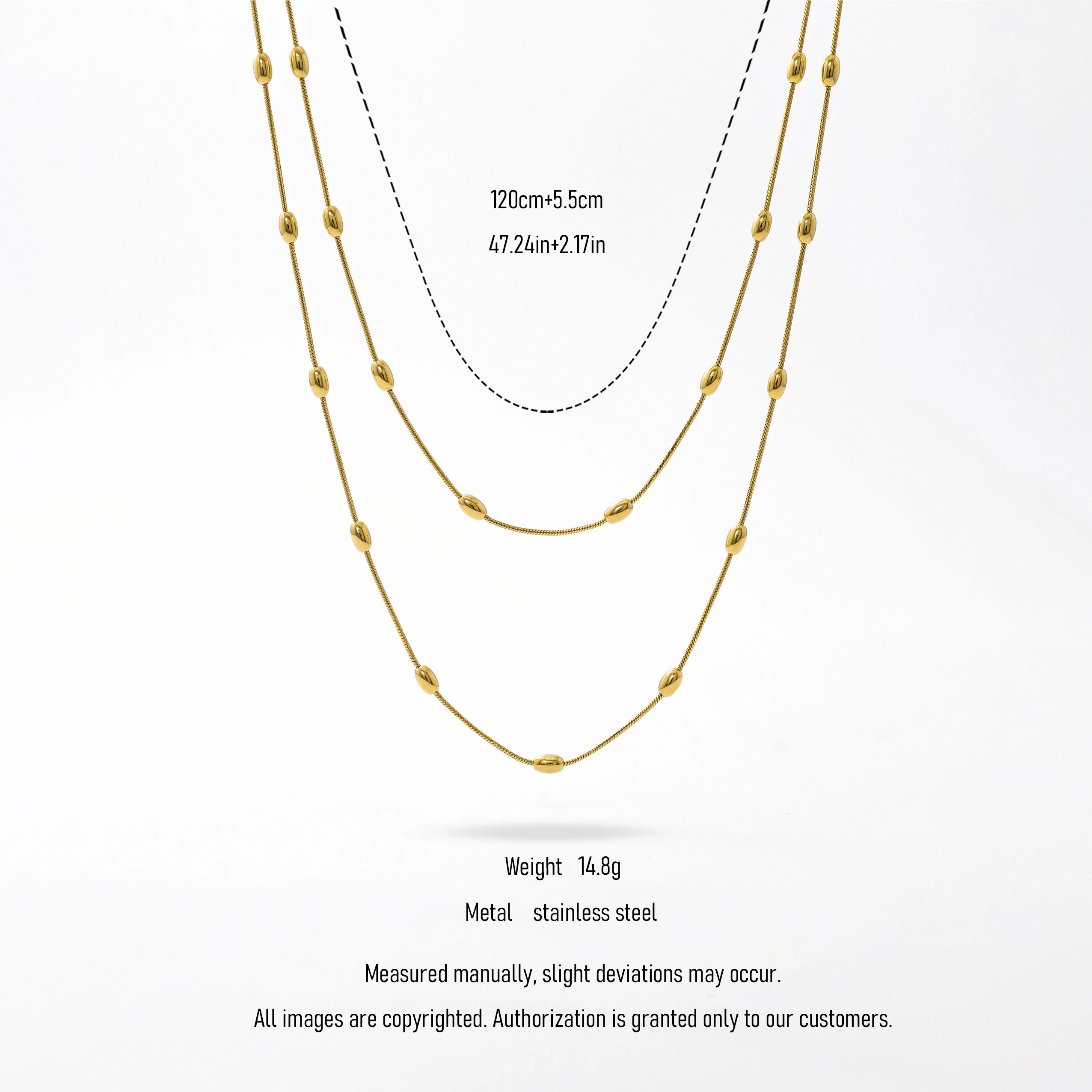 QIAOREN 13568 Gold Stainless Steel Layered Long Chain Necklace with Beaded Station Design Minimalist Fashion Jewelry for Women