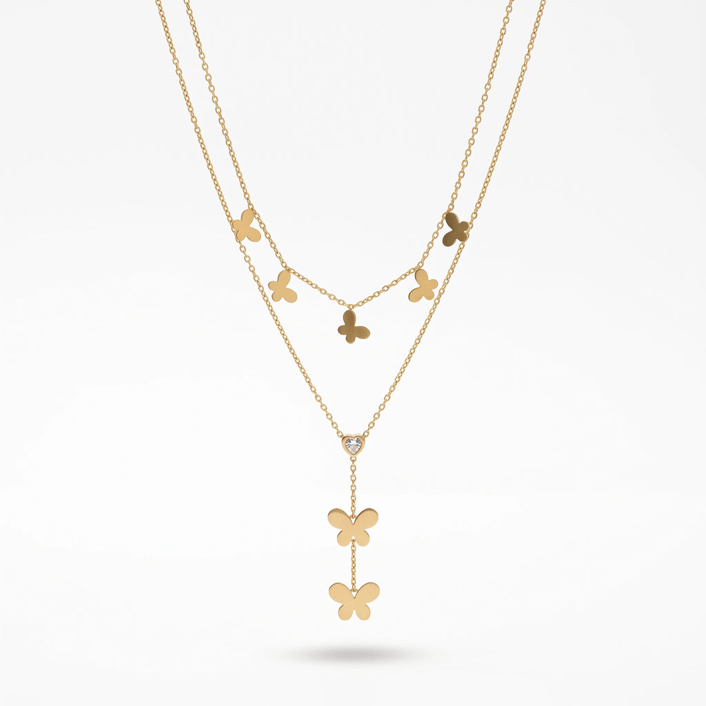 QIAOREN 13553 Stainless Steel Butterfly Layered Necklace Gold Butterfly Charm Pendant Double Layer Chain Jewelry for Women