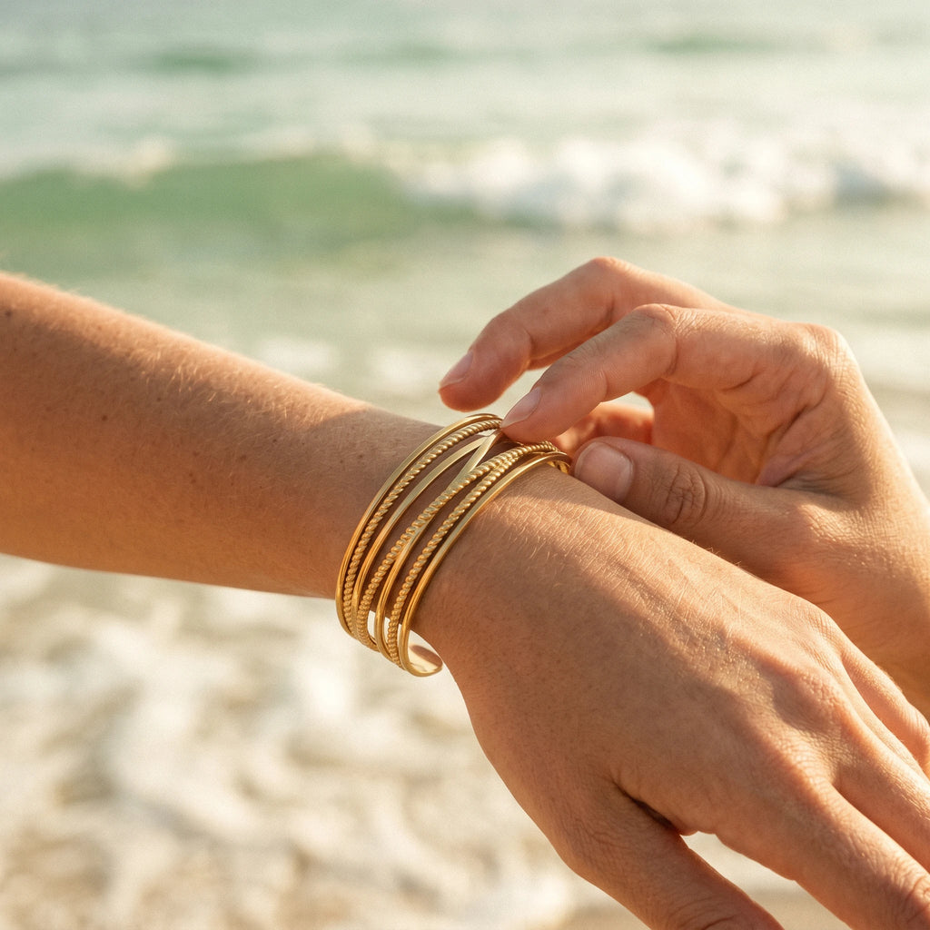 QIAOREN 10993 Luxury Layered Gold Cuff Bracelet Stainless Steel Adjustable Open Bangle for Women Beach Vacation Jewelry