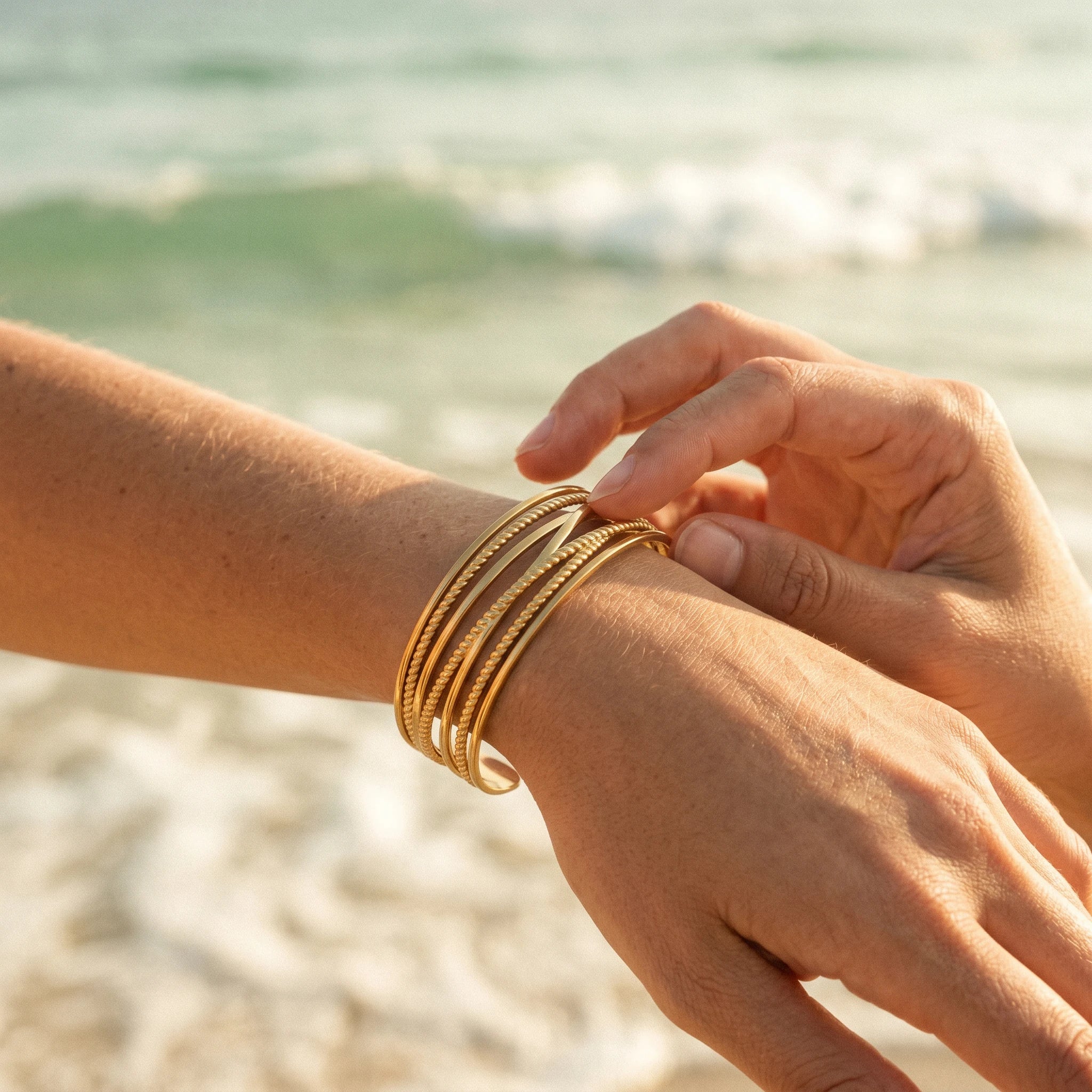 QIAOREN 10993 Luxury Layered Gold Cuff Bracelet Stainless Steel Adjustable Open Bangle for Women Beach Vacation Jewelry