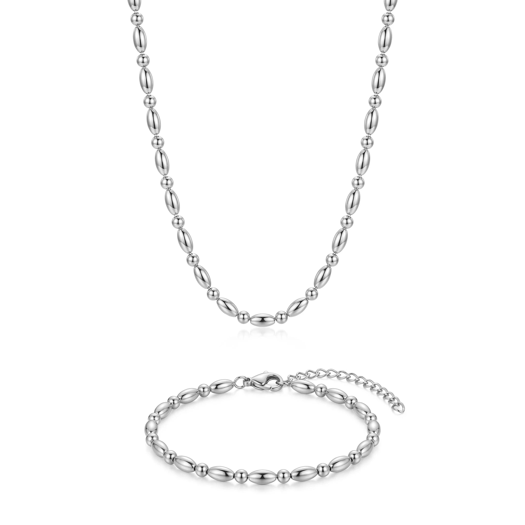 QIAOREN 11632 Waterproof 18K Gold Plated Stainless Steel Rice Bead Jewelry Set Necklace Bracelet Daily Wear