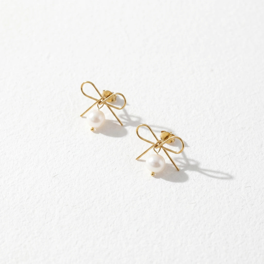 QIAOREN 13839 Stainless Steel Bow Knot Pearl Stud Earrings Waterproof Hypoallergenic Minimalist Jewelry for Women