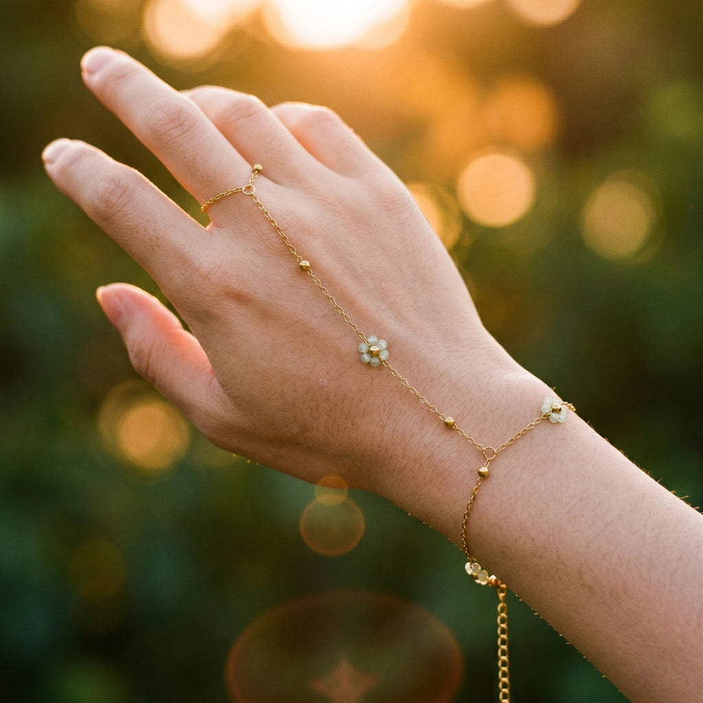 QIAOREN 10762 Waterproof Stainless Steel Daisy Slave Bracelet Gold Plated Hand Chain Ring for Women Vacation Wear