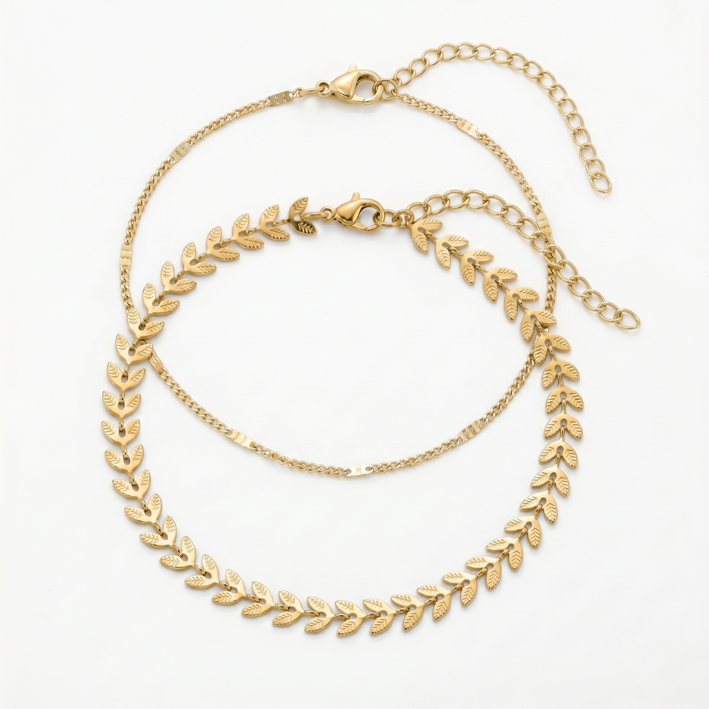 QIAOREN 11513 18K Gold Plated Stainless Steel Olive Leaf Layered Anklet Waterproof Adjust Ankle Bracelet Women BeachJewelry