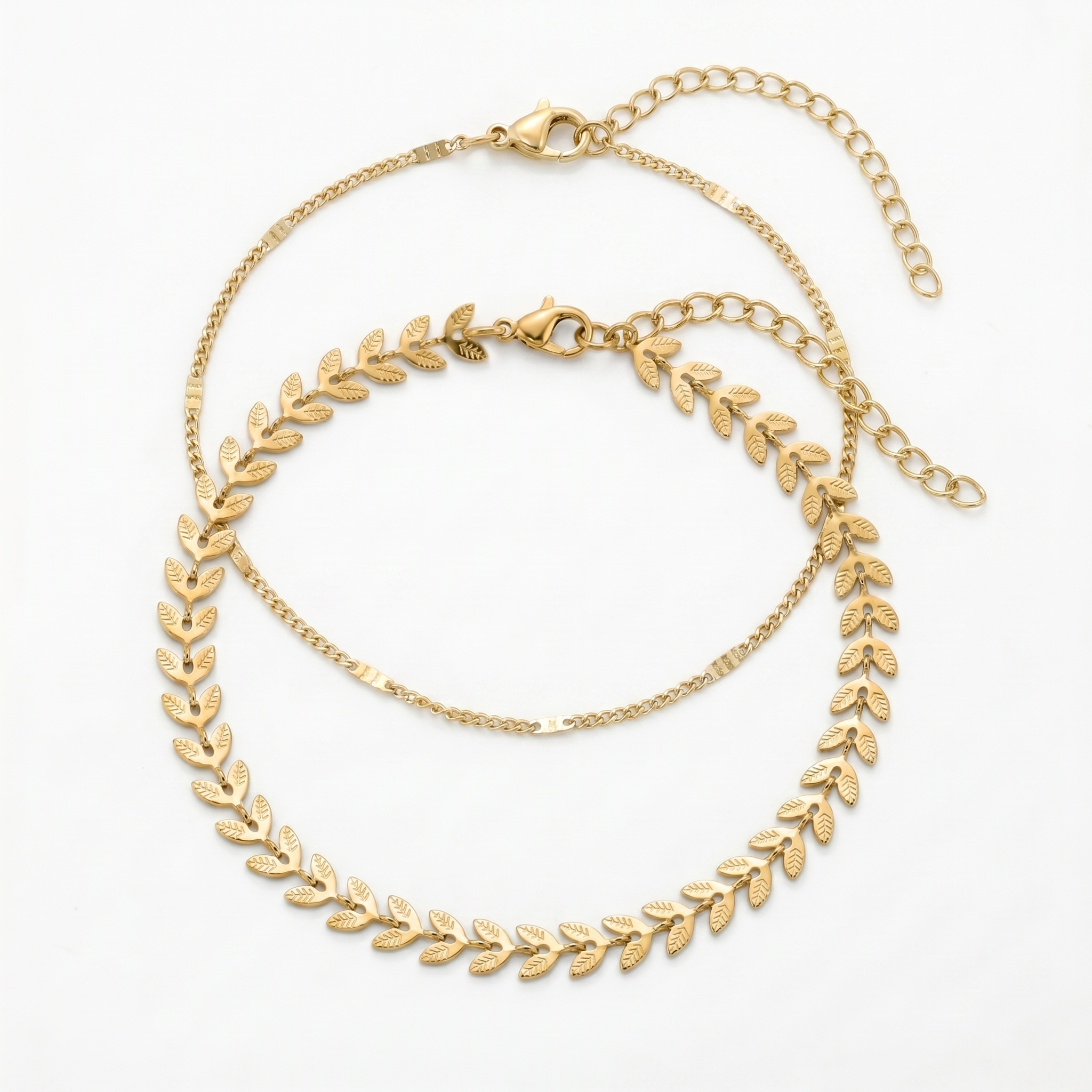 QIAOREN 11513 18K Gold Plated Stainless Steel Olive Leaf Layered Anklet Waterproof Adjust Ankle Bracelet Women BeachJewelry