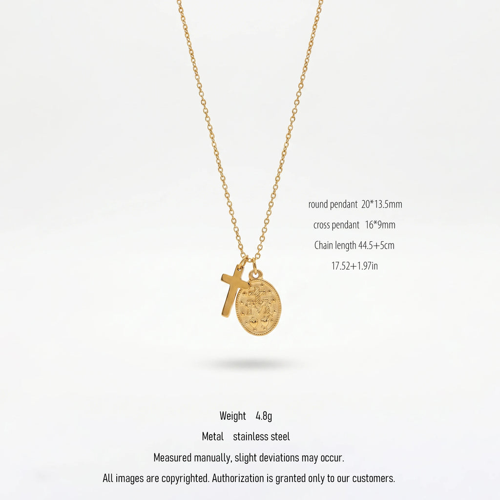 QIAOREN 10547 Hypoallergenic Adjustable for Medal Cross Necklace Gold Plated Stainless Steel Tarnish Free Jewelry for Women