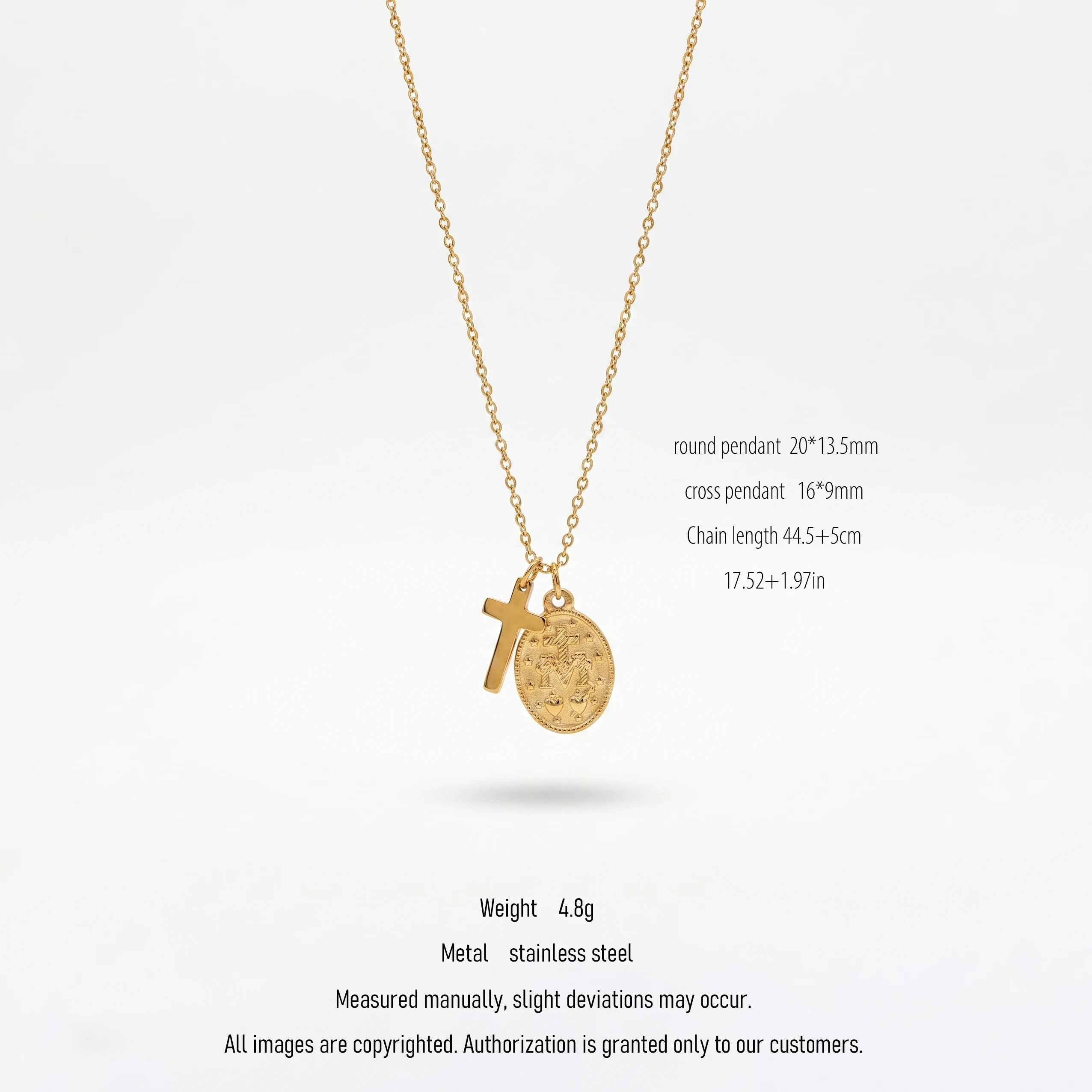 QIAOREN 10547 Hypoallergenic Adjustable for Medal Cross Necklace Gold Plated Stainless Steel Tarnish Free Jewelry for Women