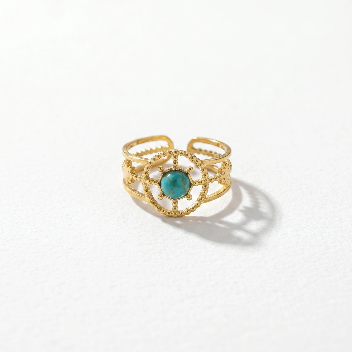 QIAOREN 13146-50 5Pcs Gold Turquoise Open Cuff Ring Set, Boho Hollow Inlaid Turquoise Stainless Steel Stackable Jewelry