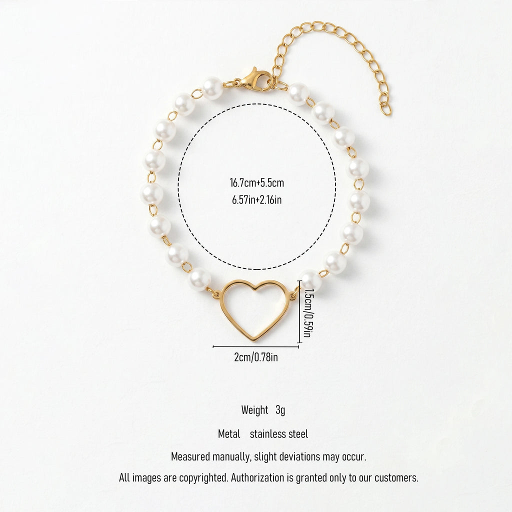 QIAOREN11950Trendy White Pearl Beaded Heart Bracelet Stainless Steel 18K Gold Plated Hollow Open Heart Romantic Jewelry US EU