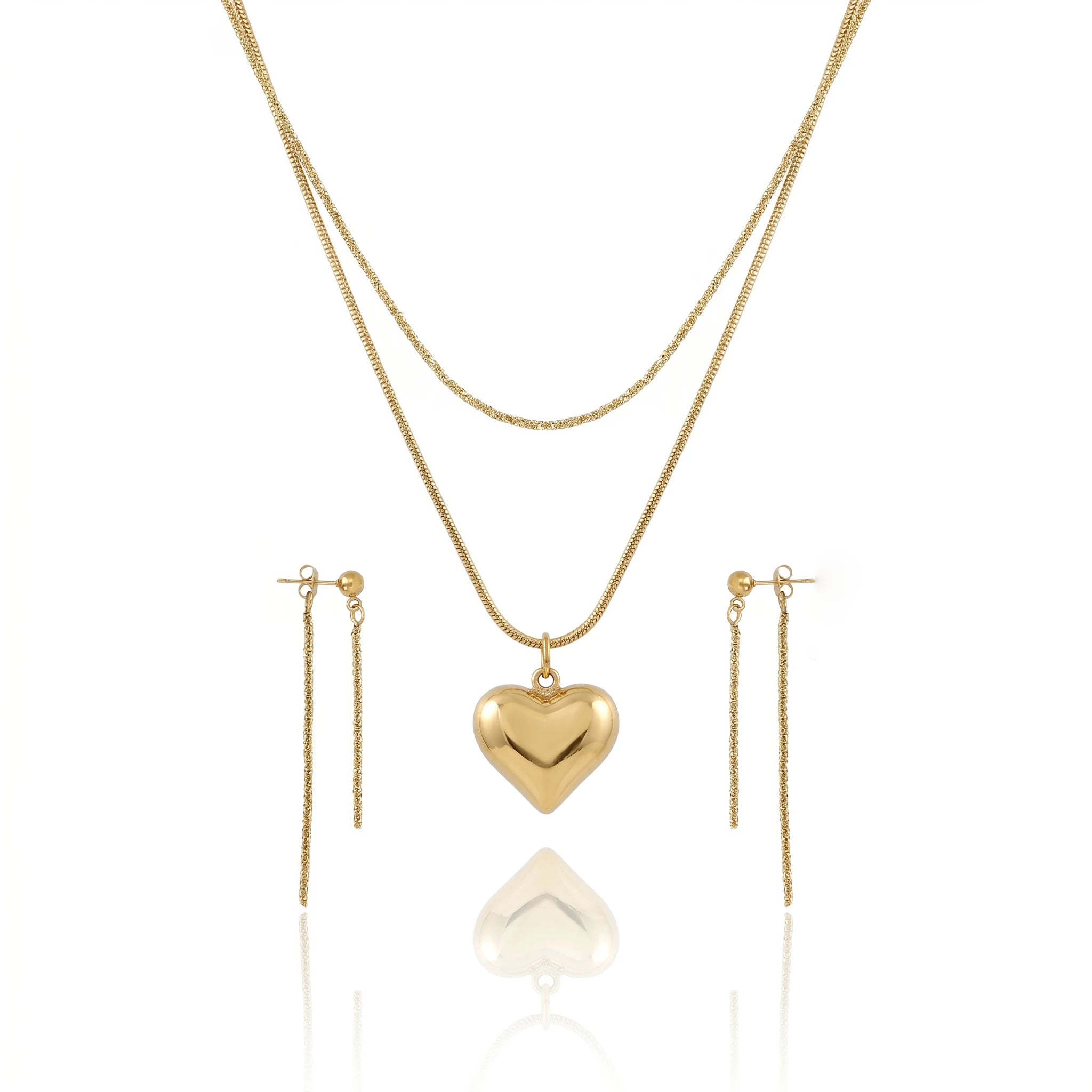 QIAOREN 12862 Waterproof Puffy Heart Necklace & Drop Earrings Set, Tarnish Free 18K Gold Plated Layered Jewelry for Women