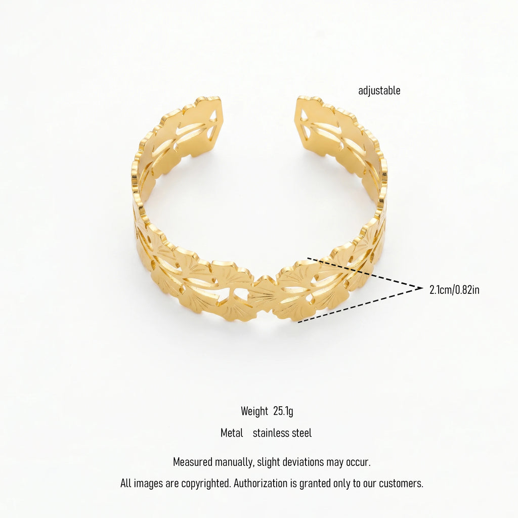 QIAOREN 12719  18K Gold Hollow Cutout Linked Ginkgo Leaf Wide Open Cuff Bracelet Stainless Steel Adjustable Nature Wrist Jewelry