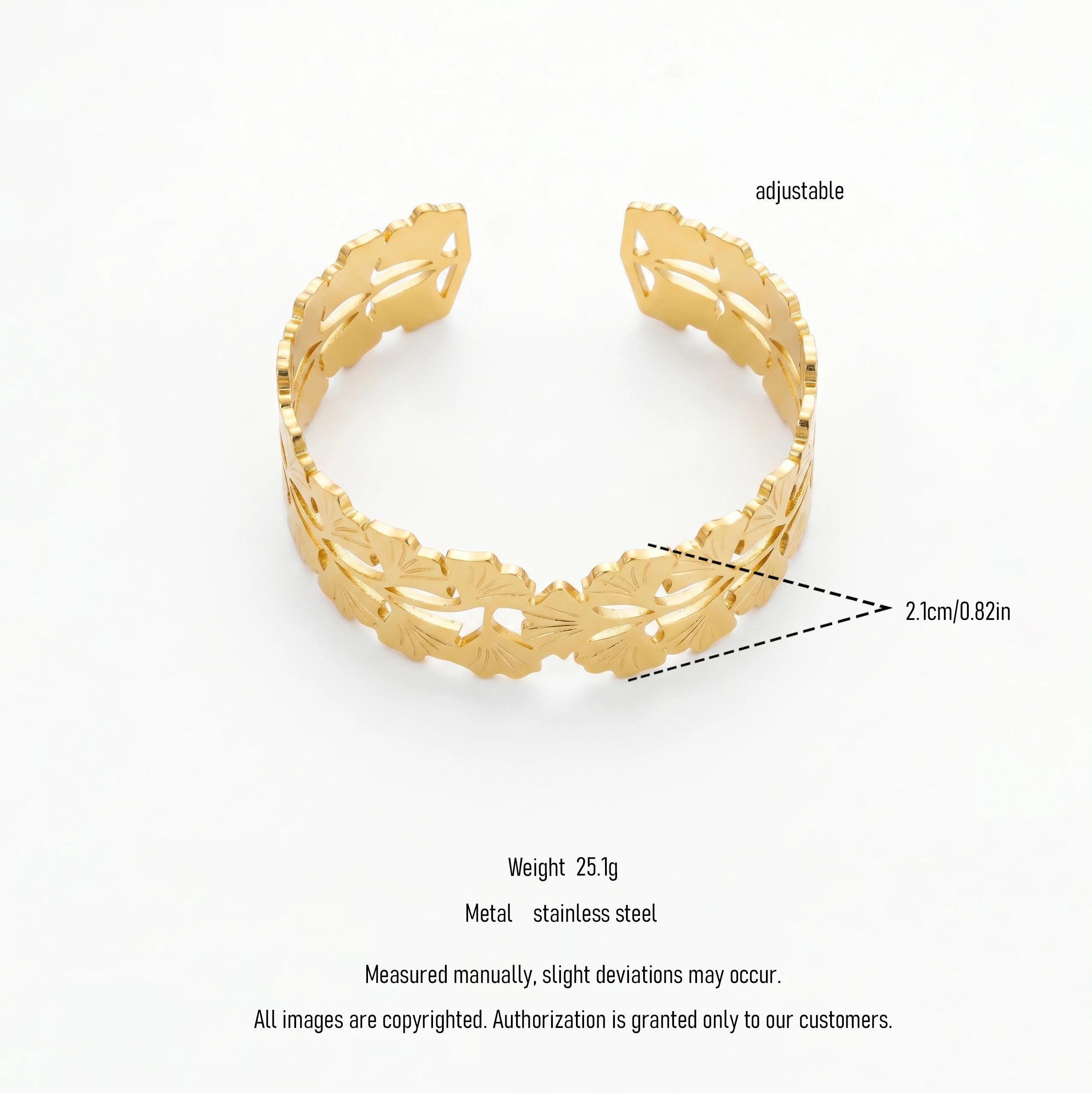 QIAOREN 12719  18K Gold Hollow Cutout Linked Ginkgo Leaf Wide Open Cuff Bracelet Stainless Steel Adjustable Nature Wrist Jewelry