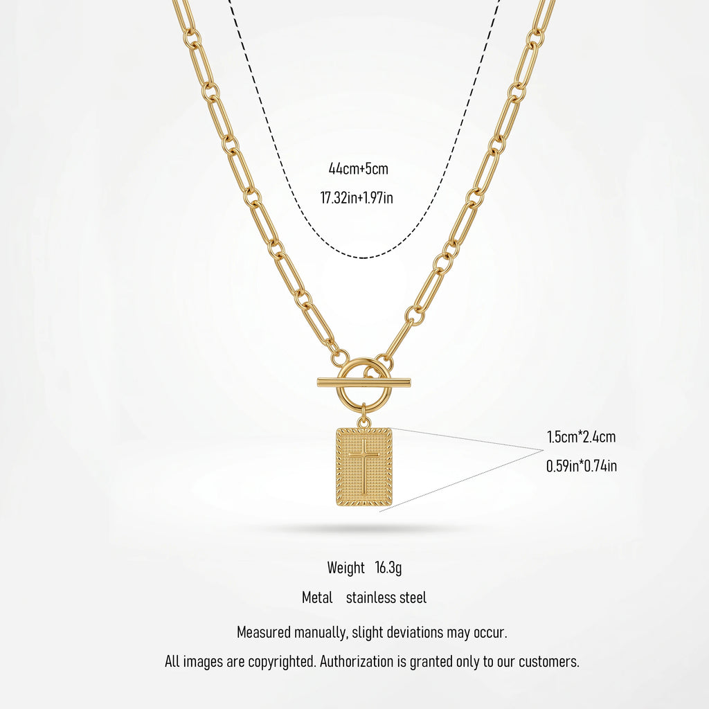 QIAOREN 11819 Waterproof Toggle Clasp Cross Pendant Necklace 18K Stainless Steel Paperclip Chain Durable All-Day Wear Jewelry