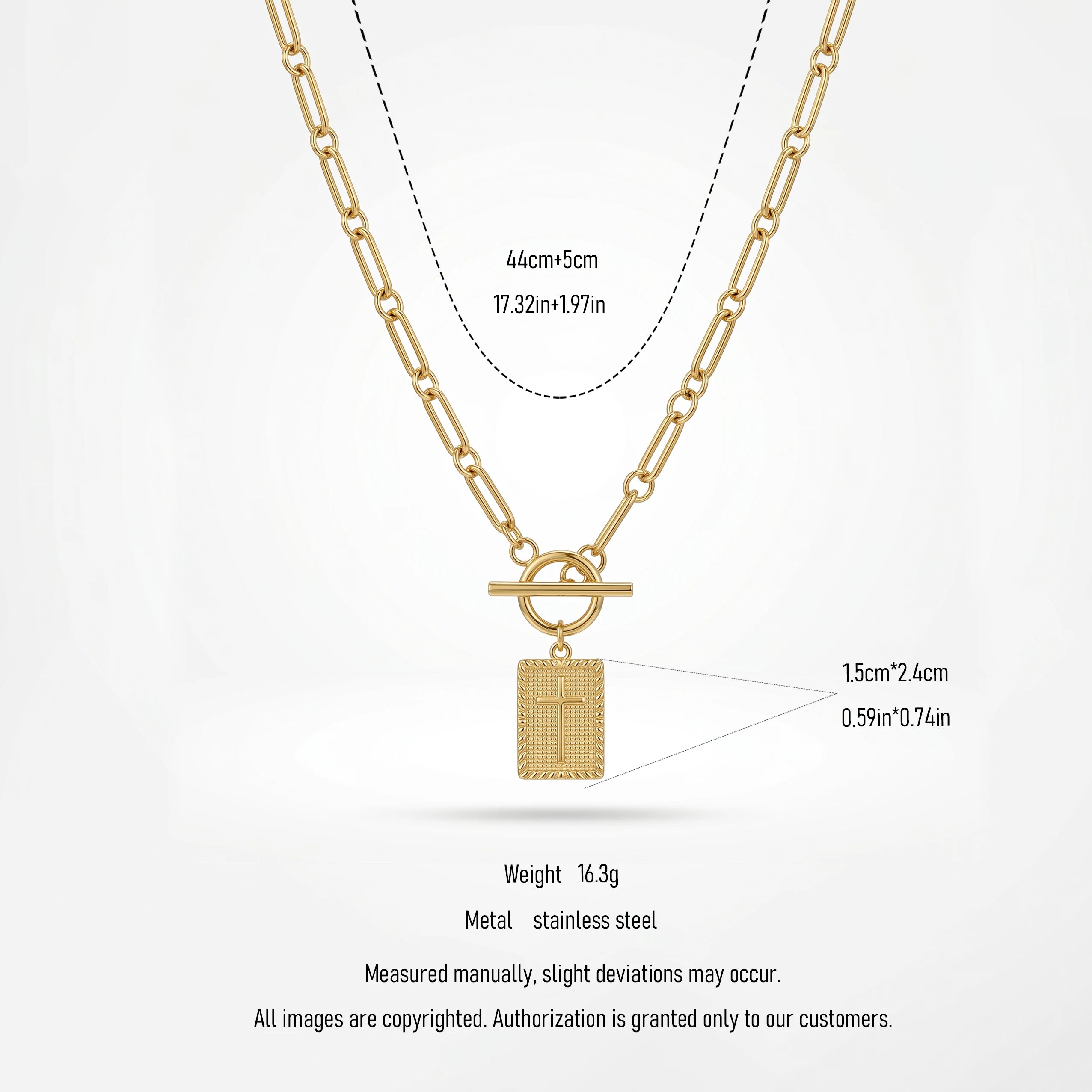 QIAOREN 11819 Waterproof Toggle Clasp Cross Pendant Necklace 18K Stainless Steel Paperclip Chain Durable All-Day Wear Jewelry