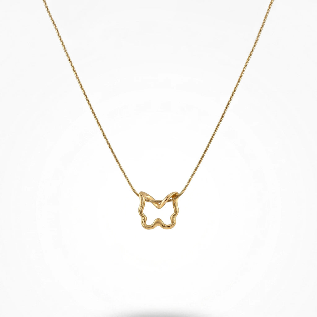 QIAOREN 13802 Thin Snake Chain Hollow Outline Butterfly Pendant Necklace with Beaded Border Texture Frame, Polished Matte Gold