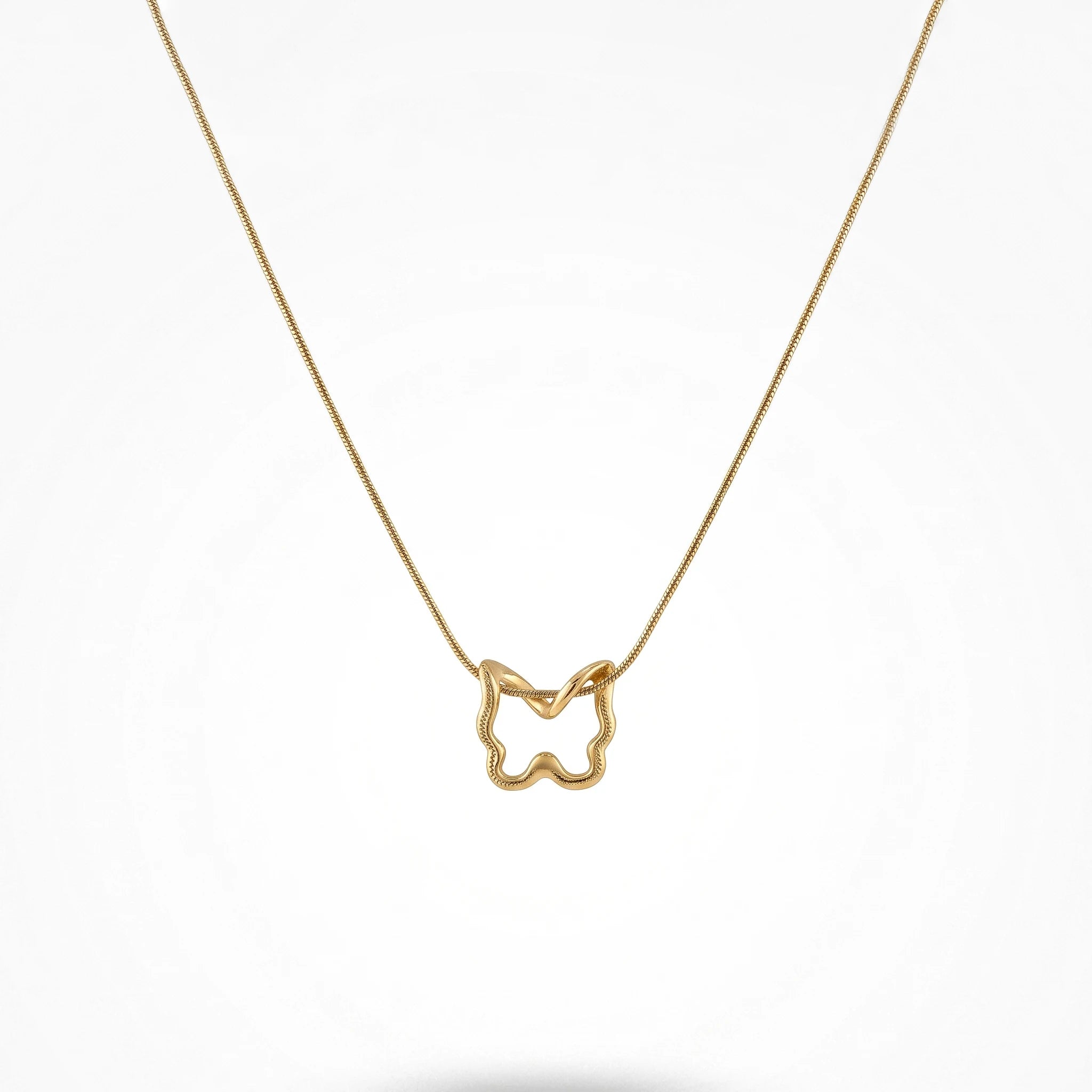 QIAOREN 13802 Thin Snake Chain Hollow Outline Butterfly Pendant Necklace with Beaded Border Texture Frame, Polished Matte Gold