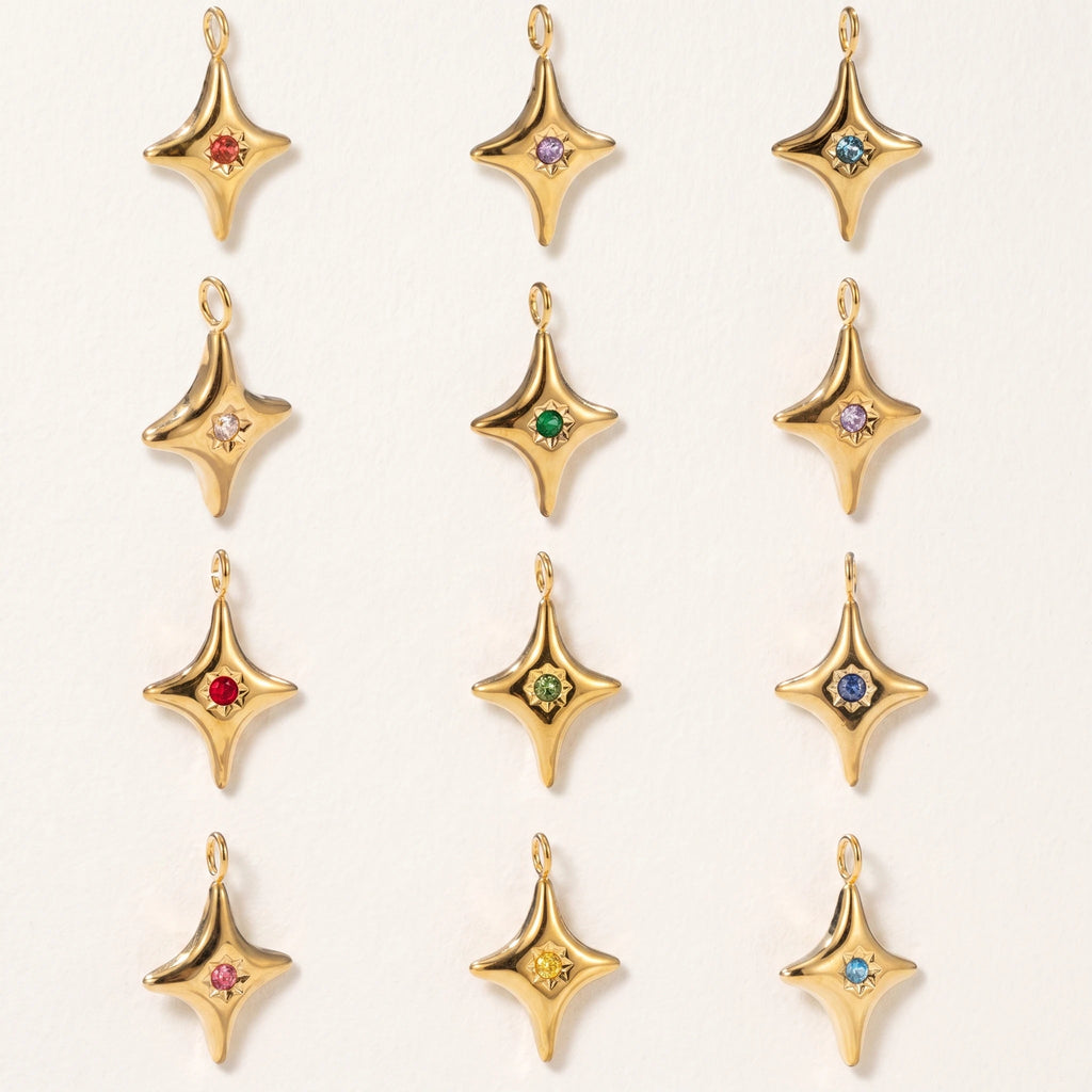 QIAOREN 13894-905 Birthstone Bezel Set Four Point Star Charm Pendant with Center Round Multicolor CZ Stone for Making DIY