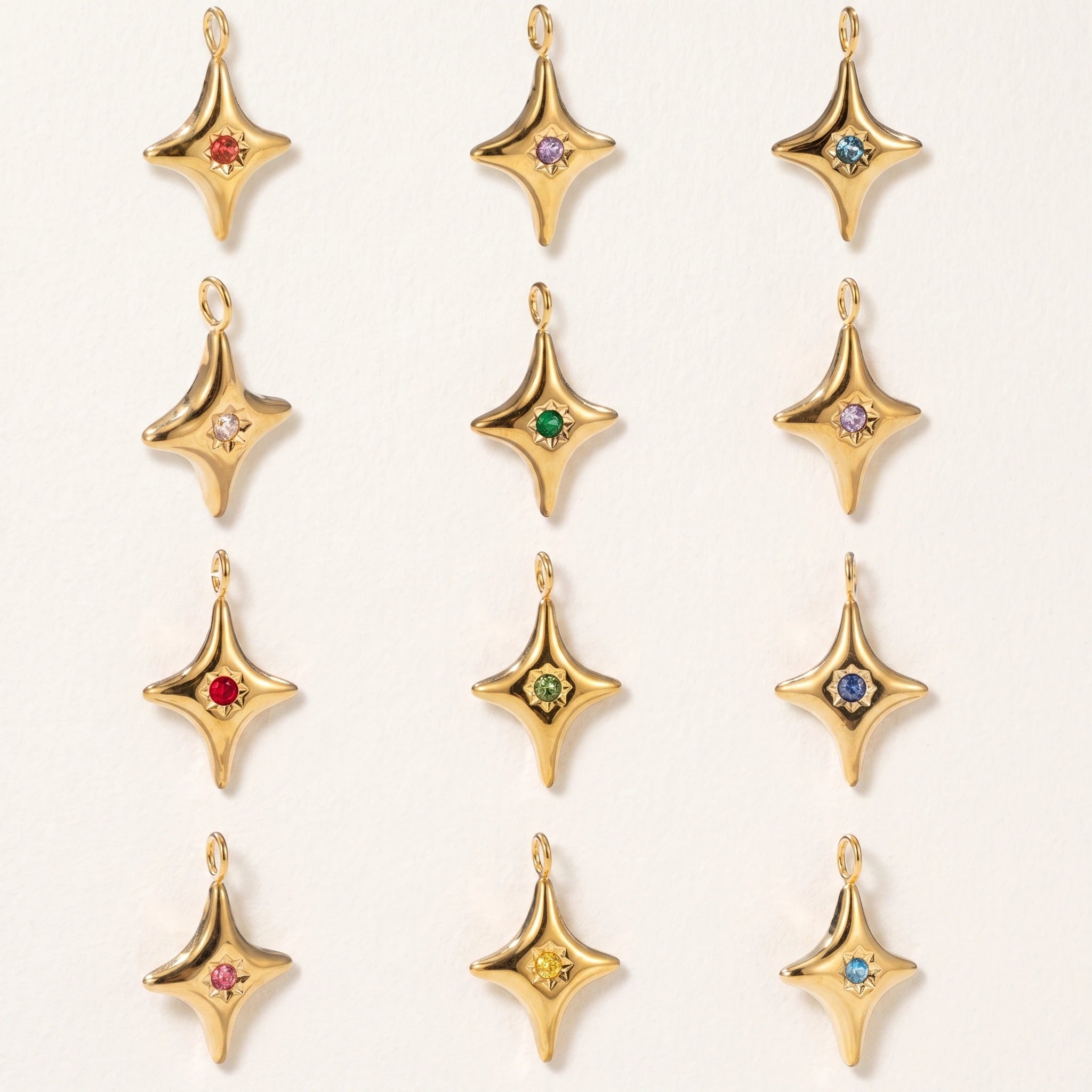 QIAOREN 13894-905 Birthstone Bezel Set Four Point Star Charm Pendant with Center Round Multicolor CZ Stone for Making DIY