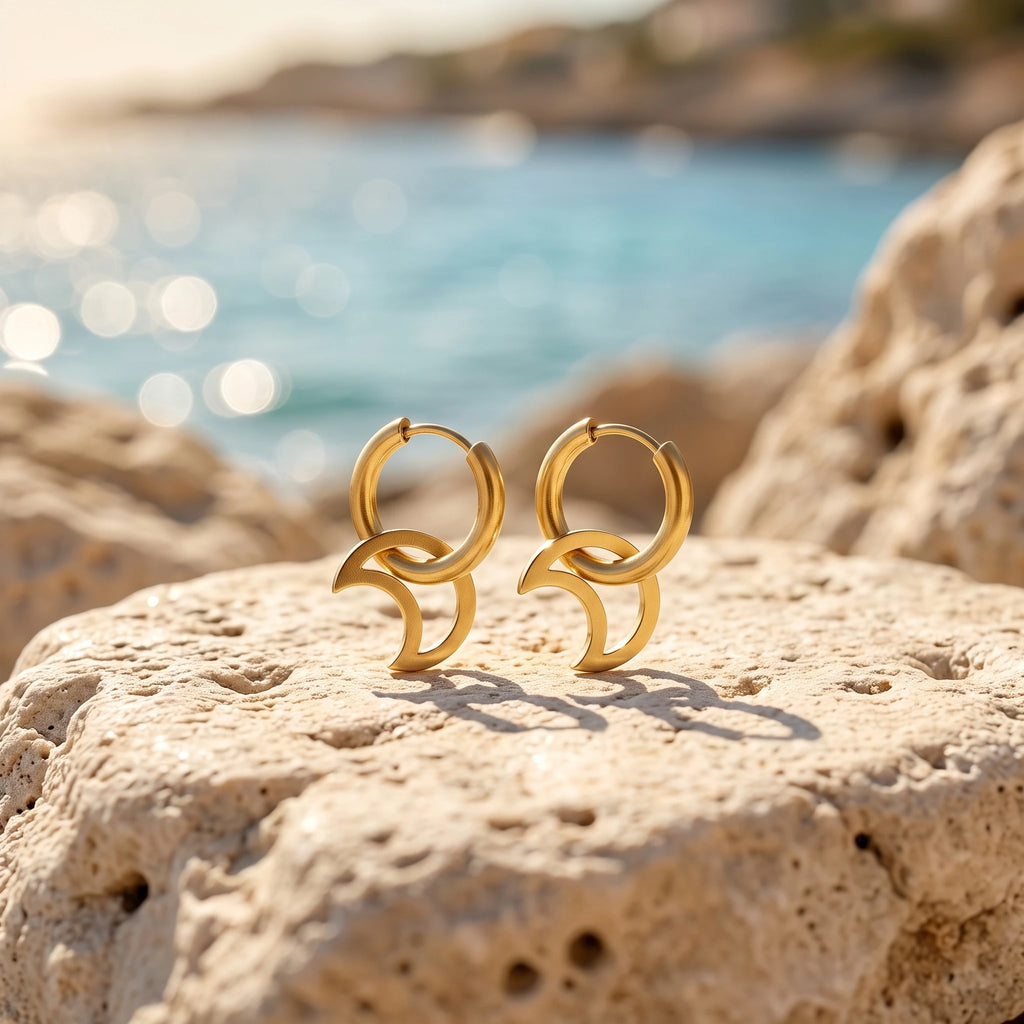 QIAOREN 14422 Open Hollow Crescent Moon Charm Earrings, Stainless Steel Small Hoop Earrings Jewelry Gift