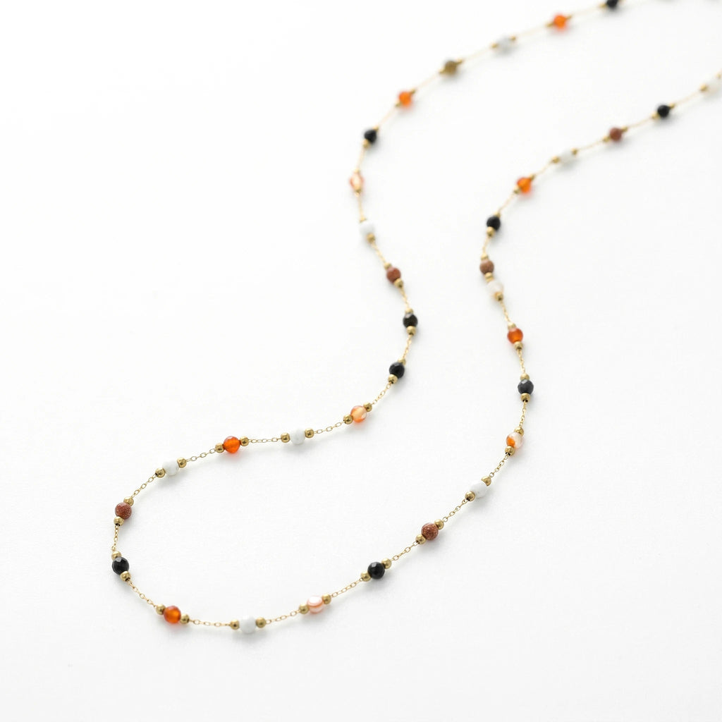 QIAOREN 13534 Mixed Stone Stainless Steel Necklace, Red Agate Black Onyx White Jade Faceted Round Beads
