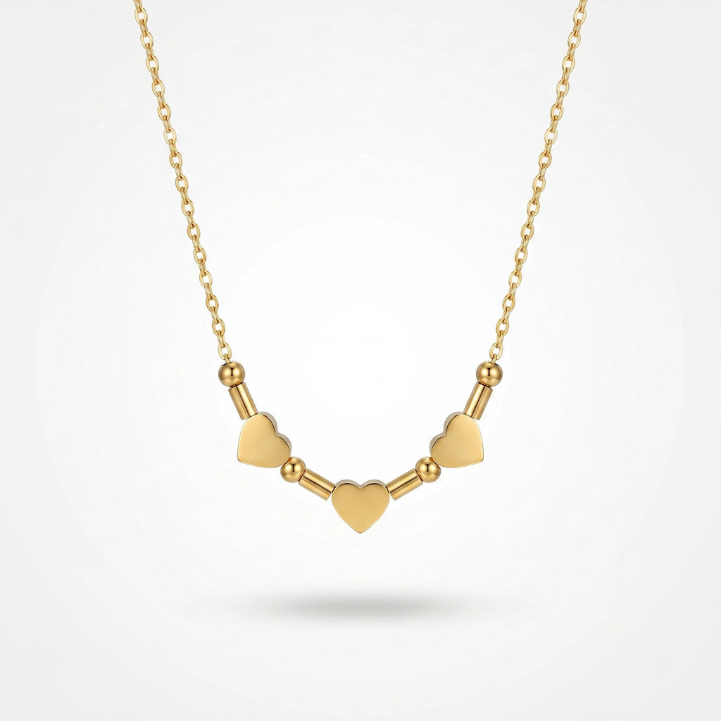 QIAOREN 11780 18K Gold Plated Stainless Steel Three Heart Beaded Bar Necklace Dainty Love Jewelry Gift for US European Women