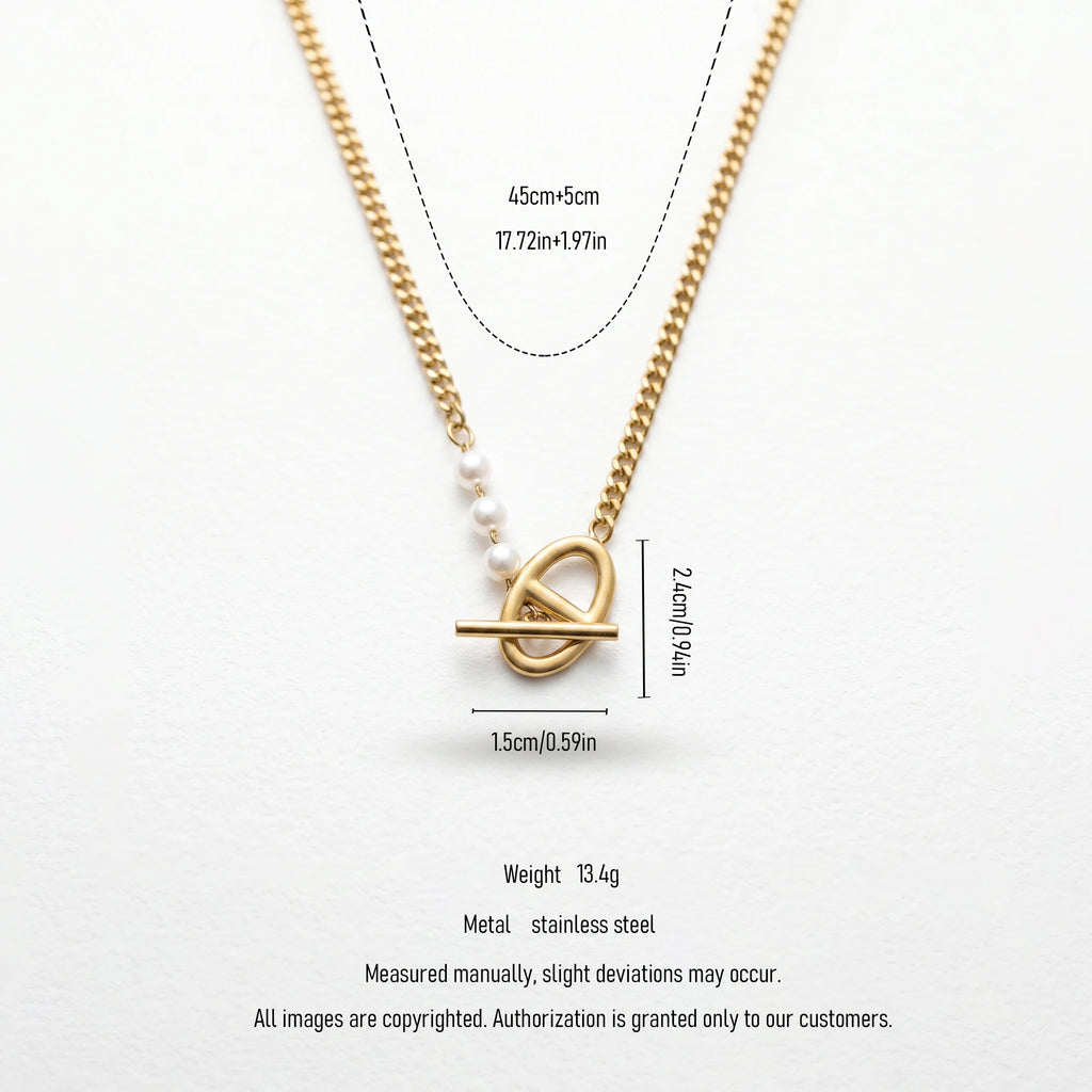 QIAOREN 11305 Tarnish Resistant Waterproof 18K Gold Plated Stainless Steel Pearl Toggle Curb Chain Necklace