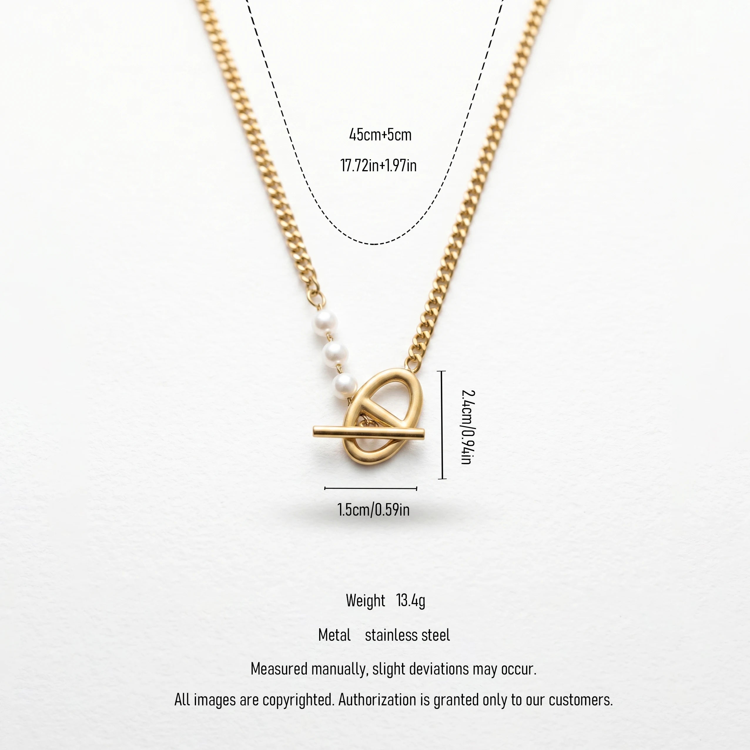 QIAOREN 11305 Tarnish Resistant Waterproof 18K Gold Plated Stainless Steel Pearl Toggle Curb Chain Necklace